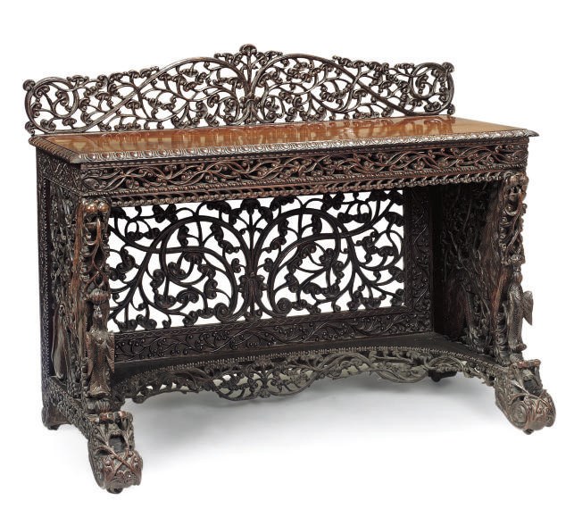 AN INDIAN ROSEWOOD AND STAINED WOOD SIDEBOARD