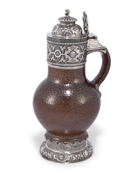 A REPRODUCTION OF AN ELIZABETHAN SILVER-MOUNTED "TIGERWARE" JUG