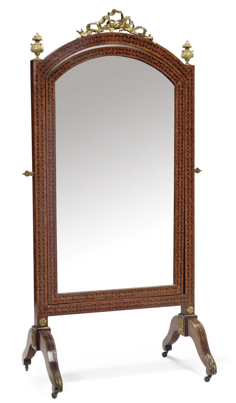 A FRENCH GILT-BRONZE MOUNTED TULIP AND ROSEWOOD PARQUETRY CHEVAL MIRROR
