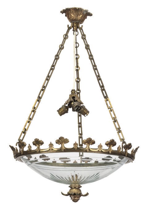 A GILT-BRONZE AND CUT-GLASS DISH LIGHT