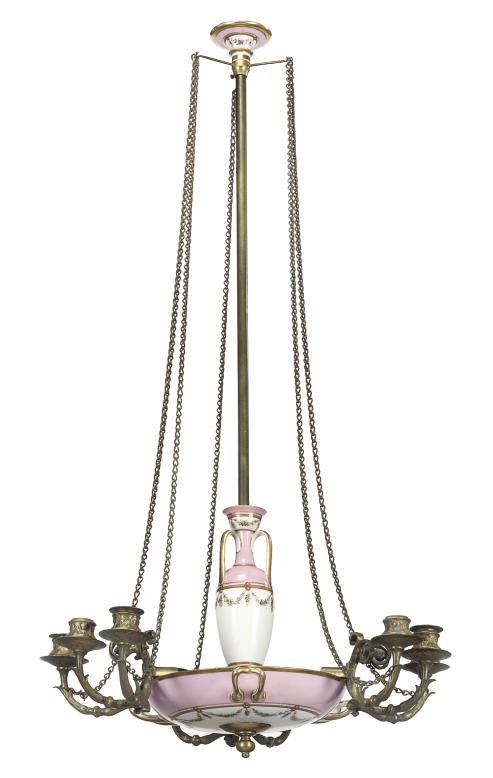 A VICTORIAN PORCELAIN AND GILT-BRASS NINE-LIGHT CHANDELIER