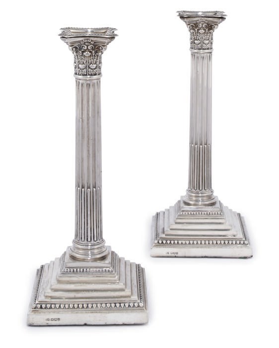 A PAIR OF SILVER CORINTHIAN COLUMN CANDLESTICKS