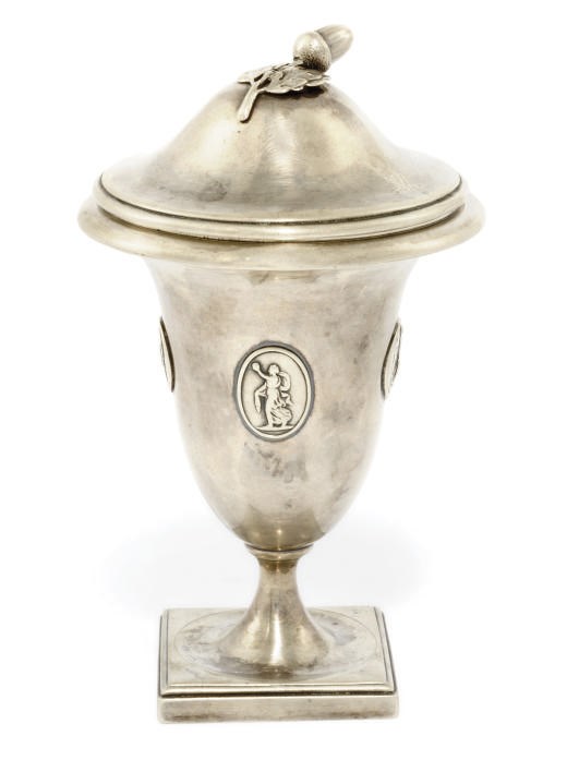 A GEORGE III SILVER SUGAR VASE AND COVER