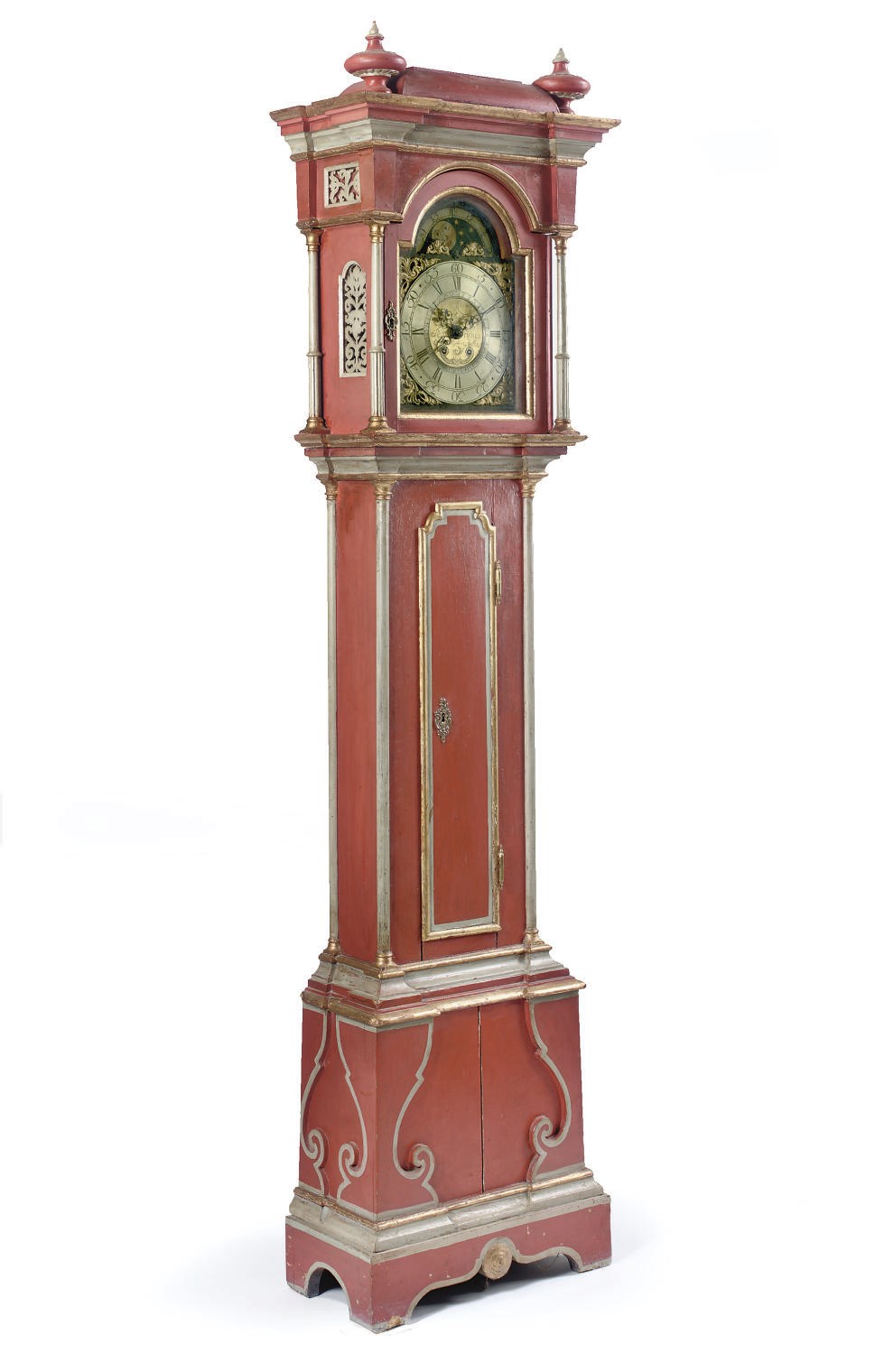 A DANISH RED AND GREY-PAINTED STRIKING LONGCASE CLOCK WITH CALENDAR