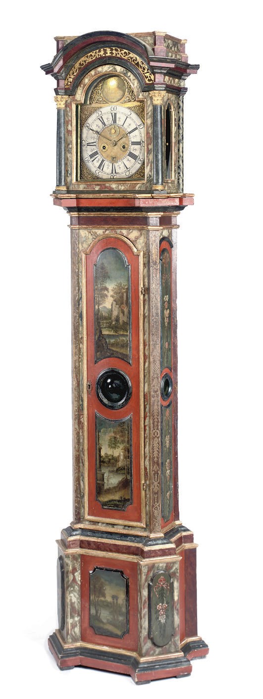 A DANISH MARBLEIZED, PARCEL-GILT AND POLYCHROME PAINTED STRIKING LONGCASE CLOCK