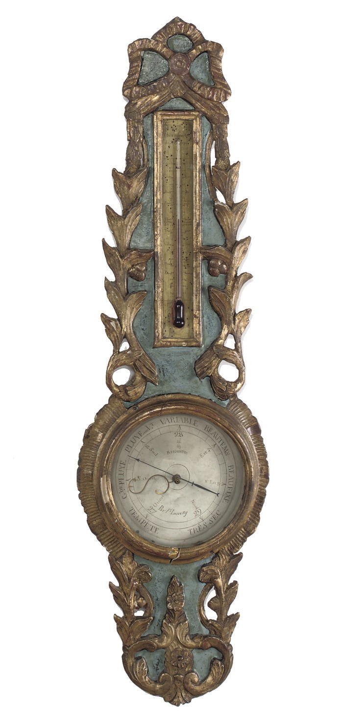 A LOUIS XVI GREEN PAINTED AND CARVED GILTWOOD BAROMETER