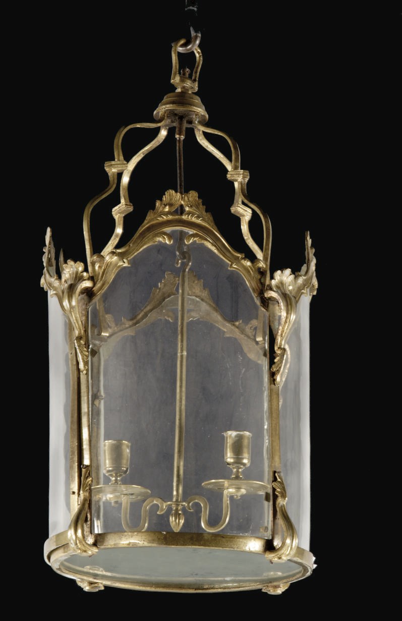 A NORTH EUROPEAN ORMOLU AND GLASS HALL LANTERN