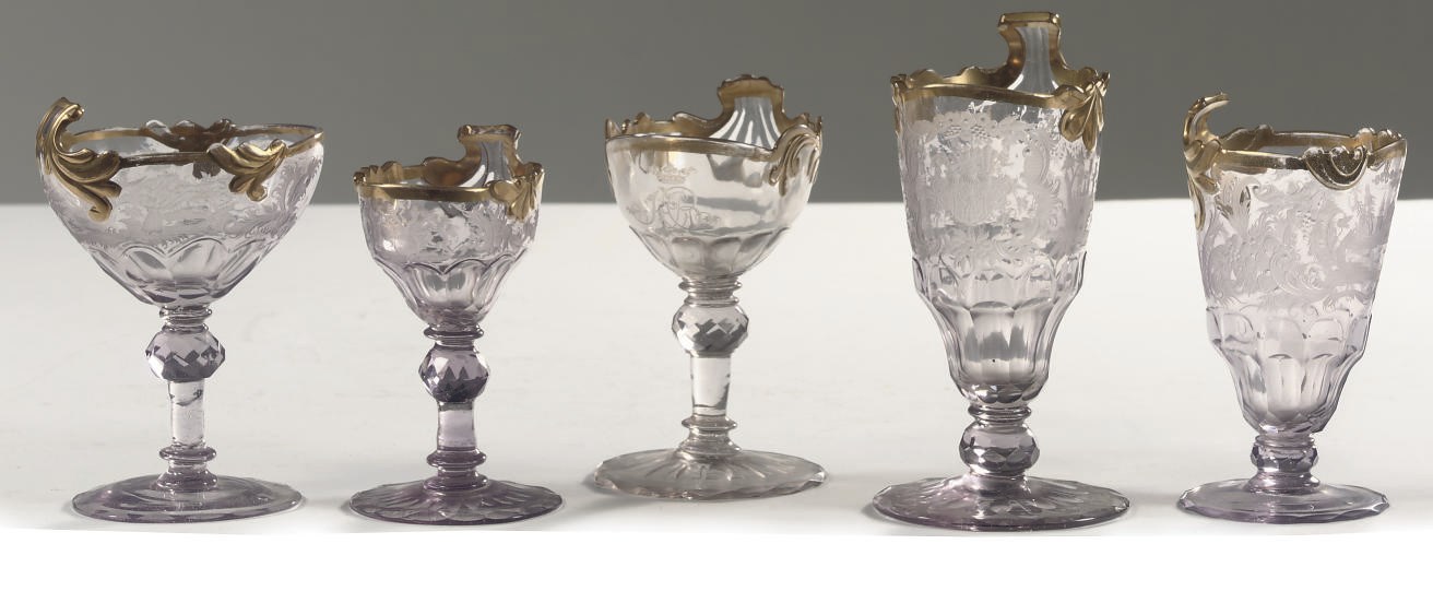 Three Silesian armorial and monogrammed ambrosia glasses and two beakers