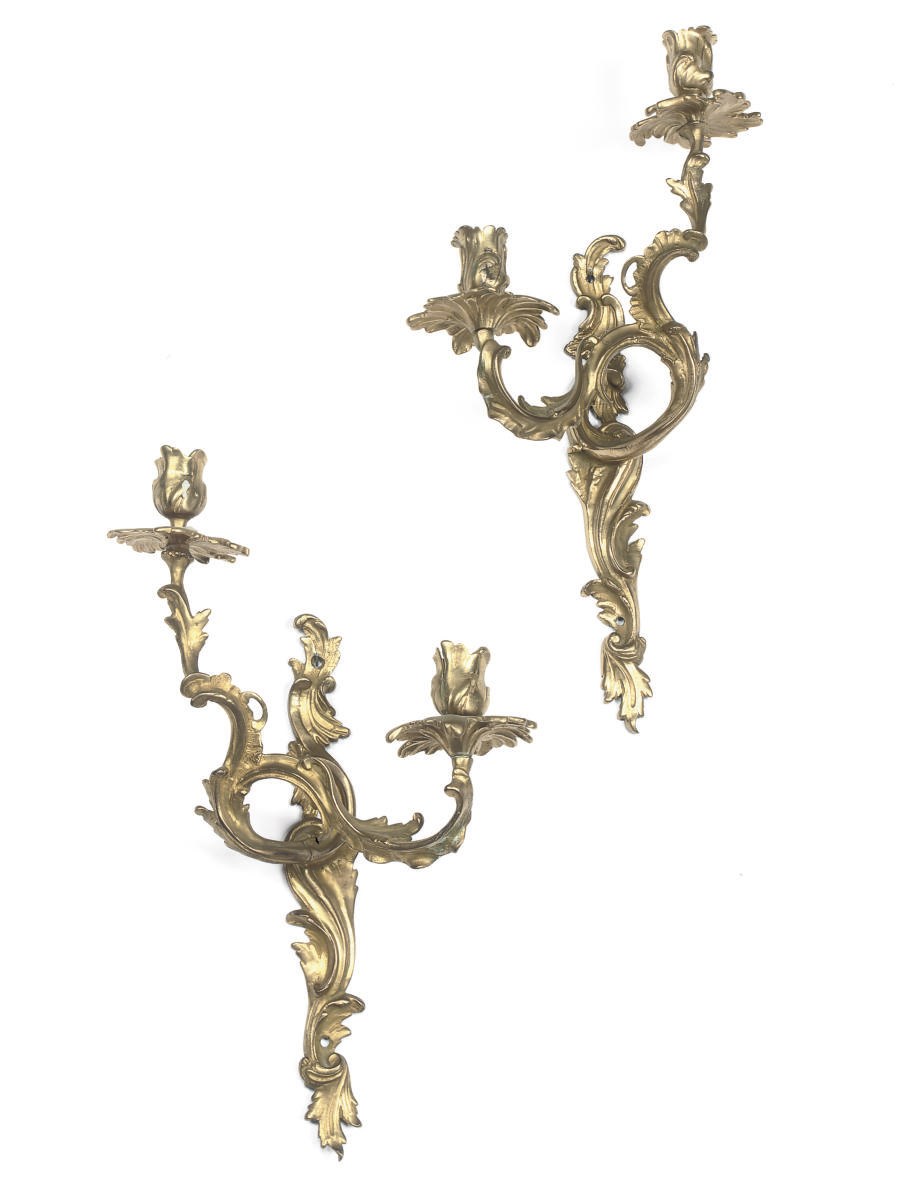 A PAIR OF ORMOLU TWIN-LIGHT WALL APPLIQUES