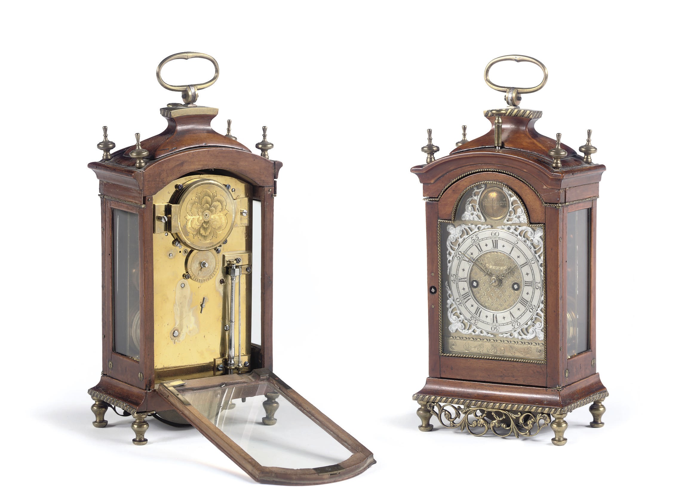 A SMALL DANISH STAINED FRUITWOOD AND BRASS-MOUNTED STRIKING BRACKET CLOCK WITH REPEAT
