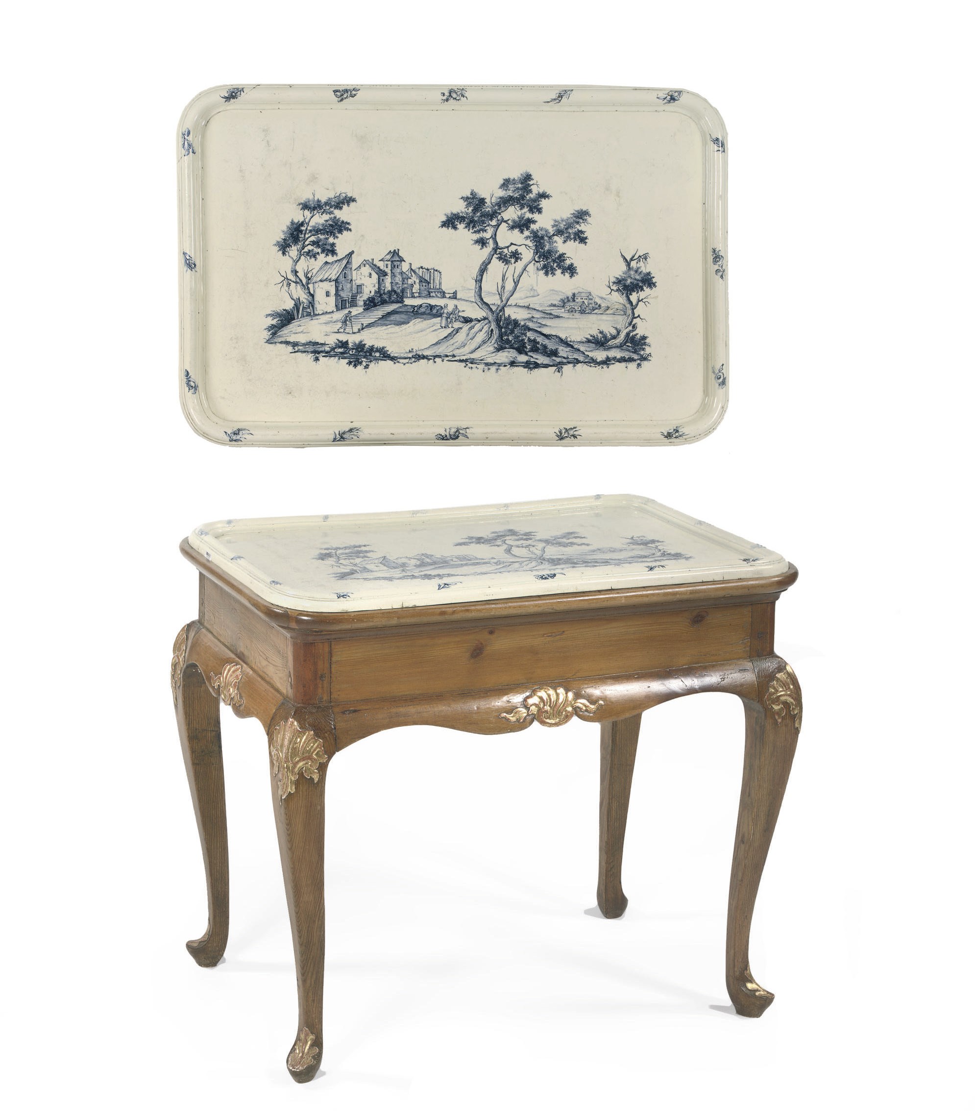 A DANISH PARCEL-GILT, PINE AND FAIENCE TABLE