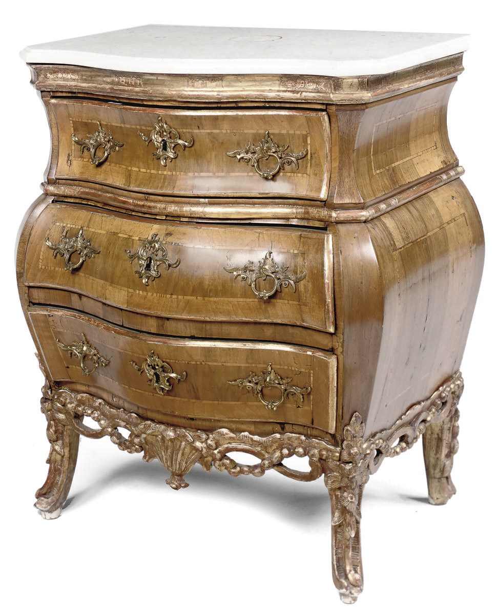 A DANISH PARCEL-GILT WALNUT BOMBE COMMODE