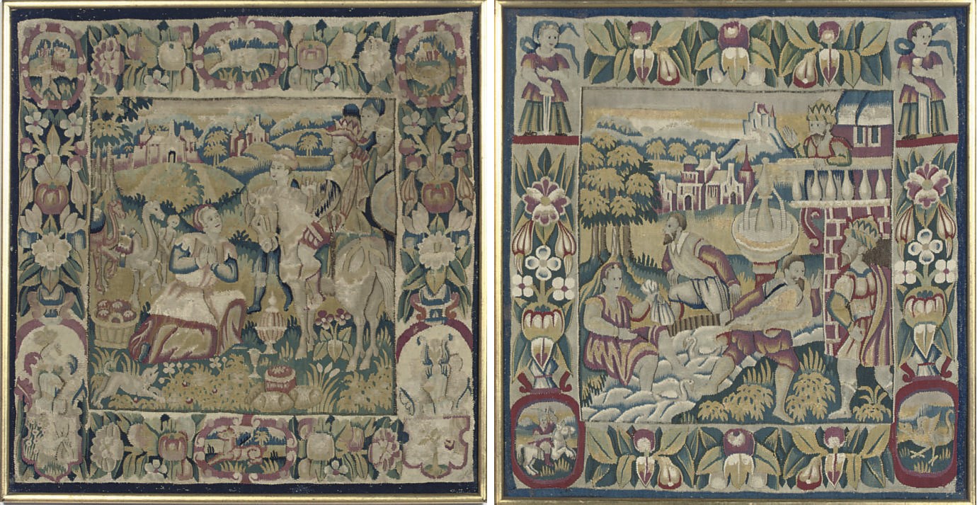 TWO FLEMISH BIBLICAL TAPESTRY CUSHION COVERS