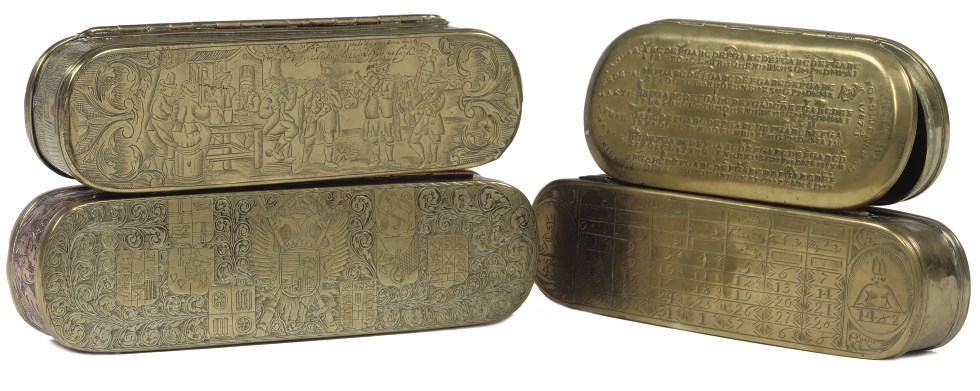 FOUR VARIOUS BRASS TOBACCO BOXES