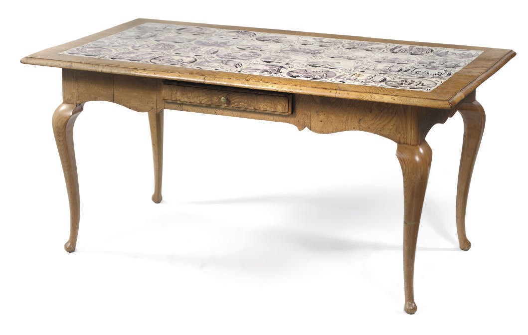 A DANISH ELM AND TILE INSET LOW TABLE
