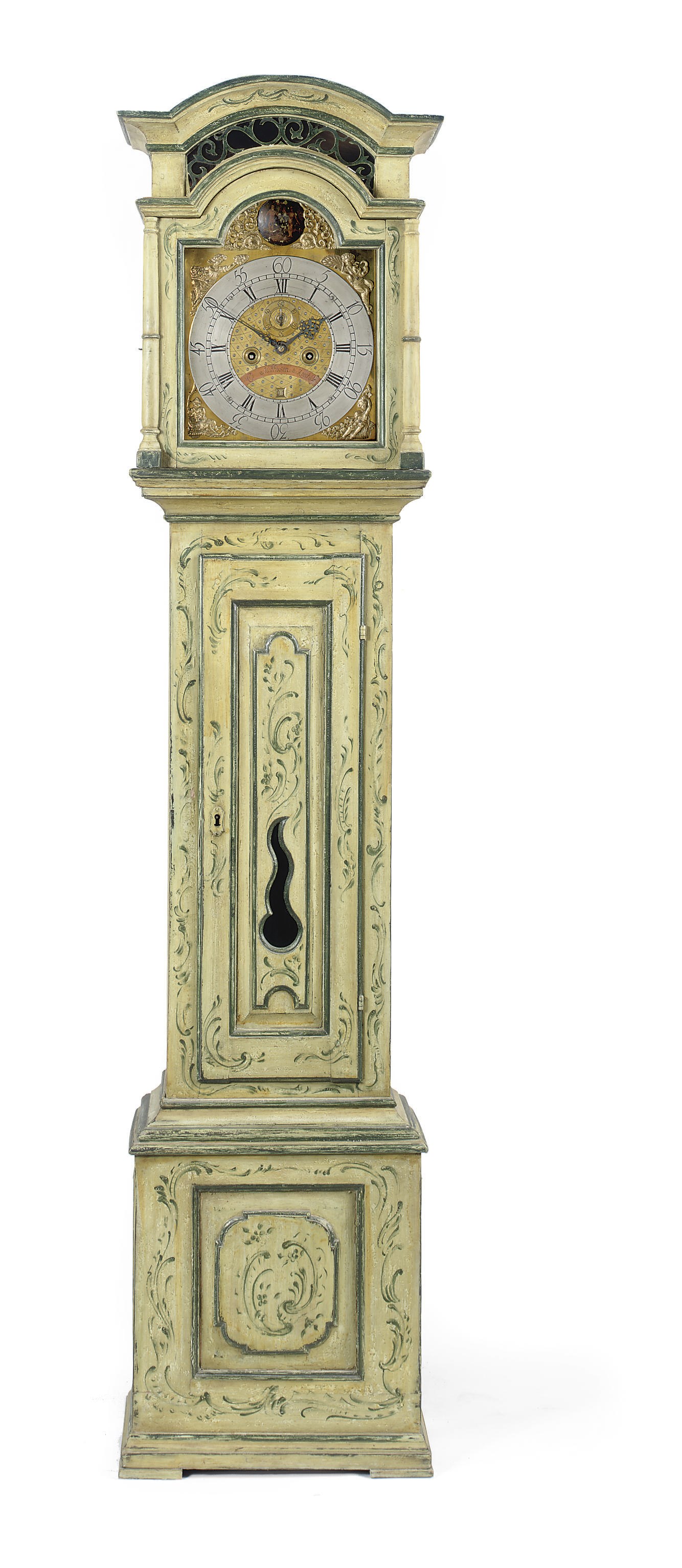 A DANISH WHITE AND GREEN PAINTED STRIKING LONGCASE CLOCK