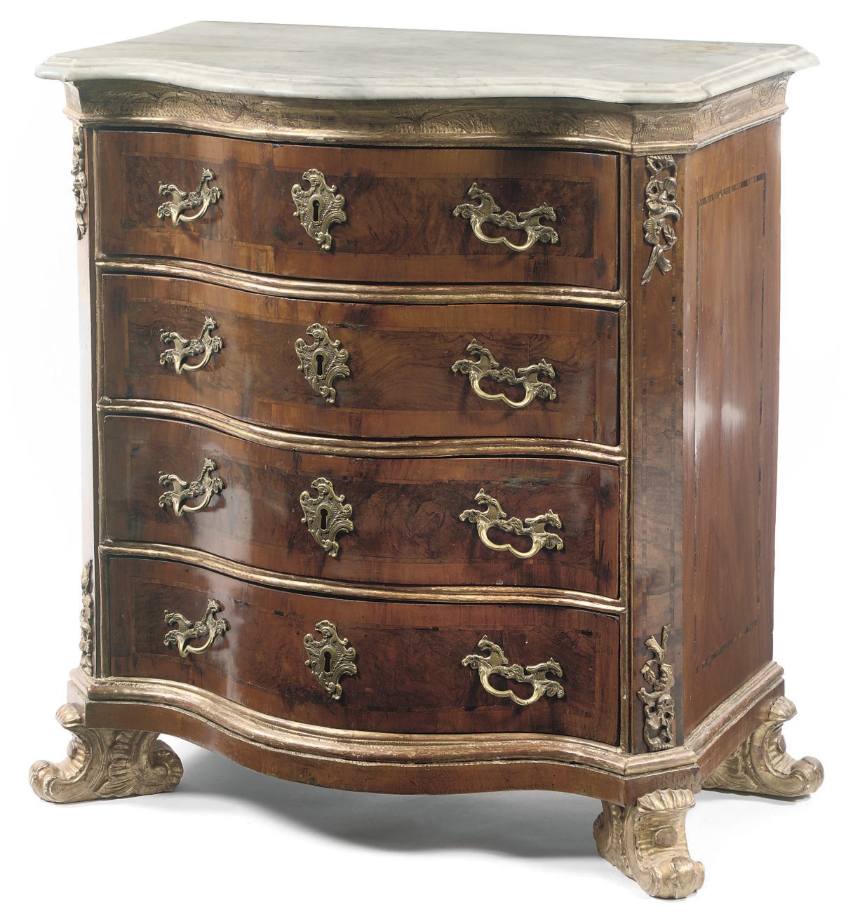 A DANISH ORMOLU-MOUNTED PARCEL-GILT WALNUT AND BURR-WALNUT COMMODE