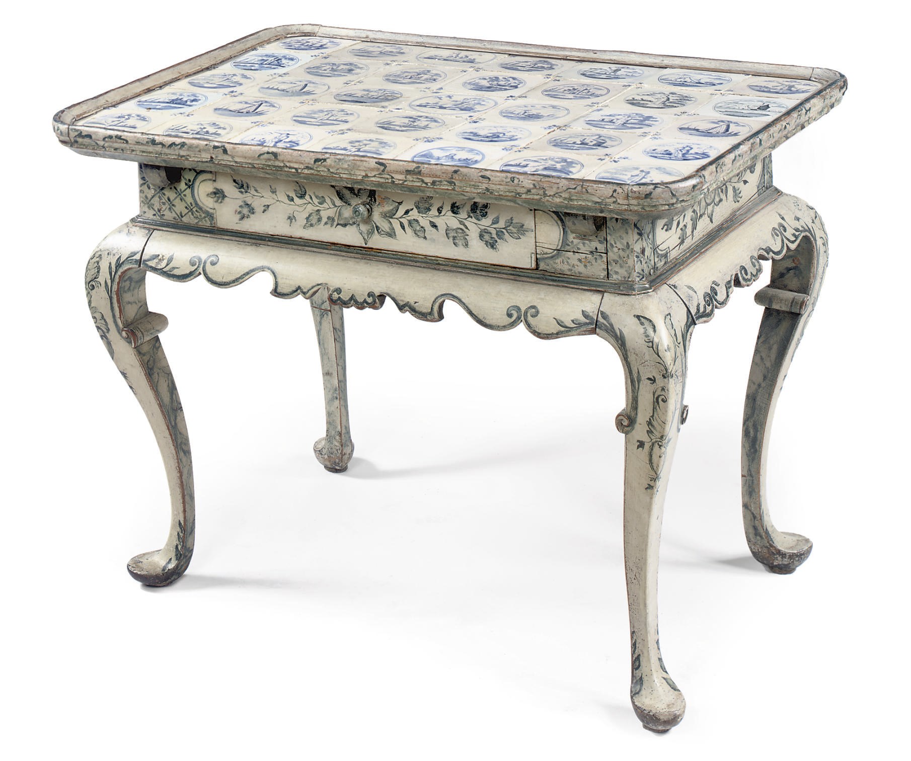 A DANISH WHITE AND BLUE-PAINTED TILE INSET TEA TABLE