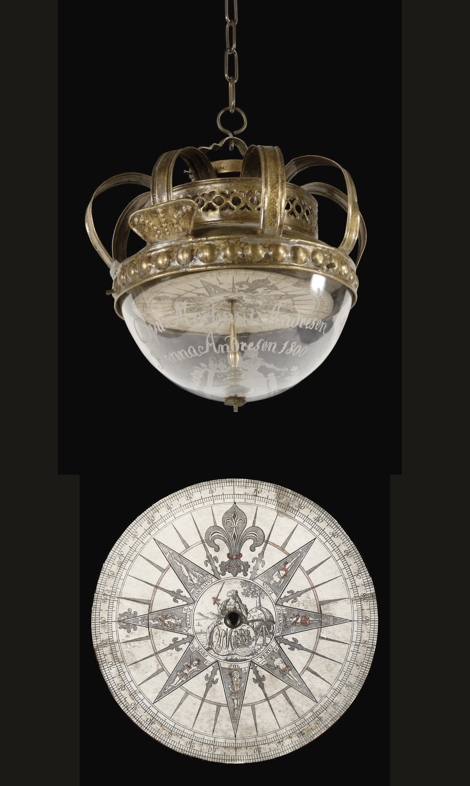 A DANISH GILT-BRASS MOUNTED AND ENGRAVED GLASS TELL-TALE HANGING COMPASS