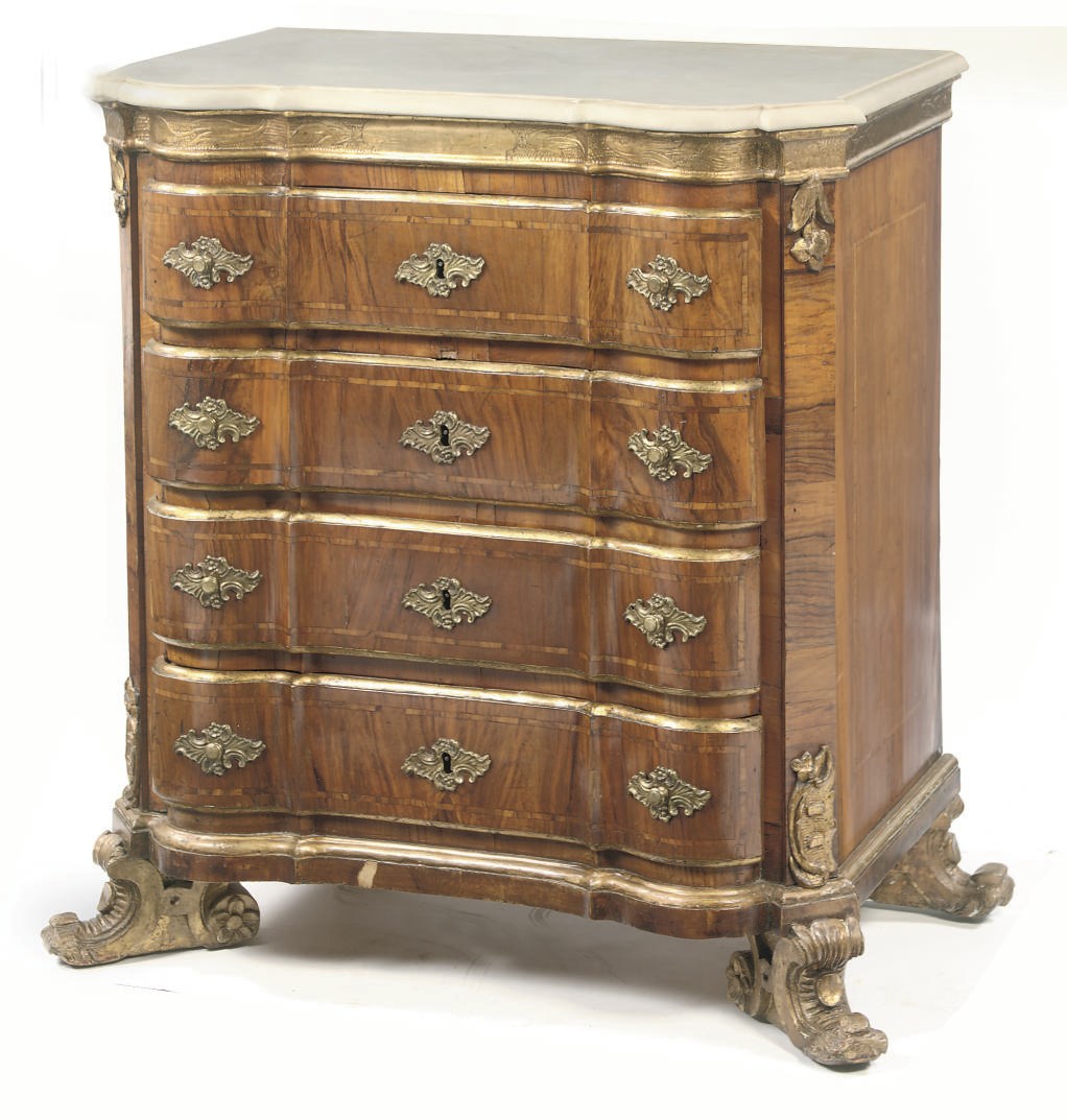 A DANISH PARCEL-GILT WALNUT, ELM AND OLIVEWOOD COMMODE