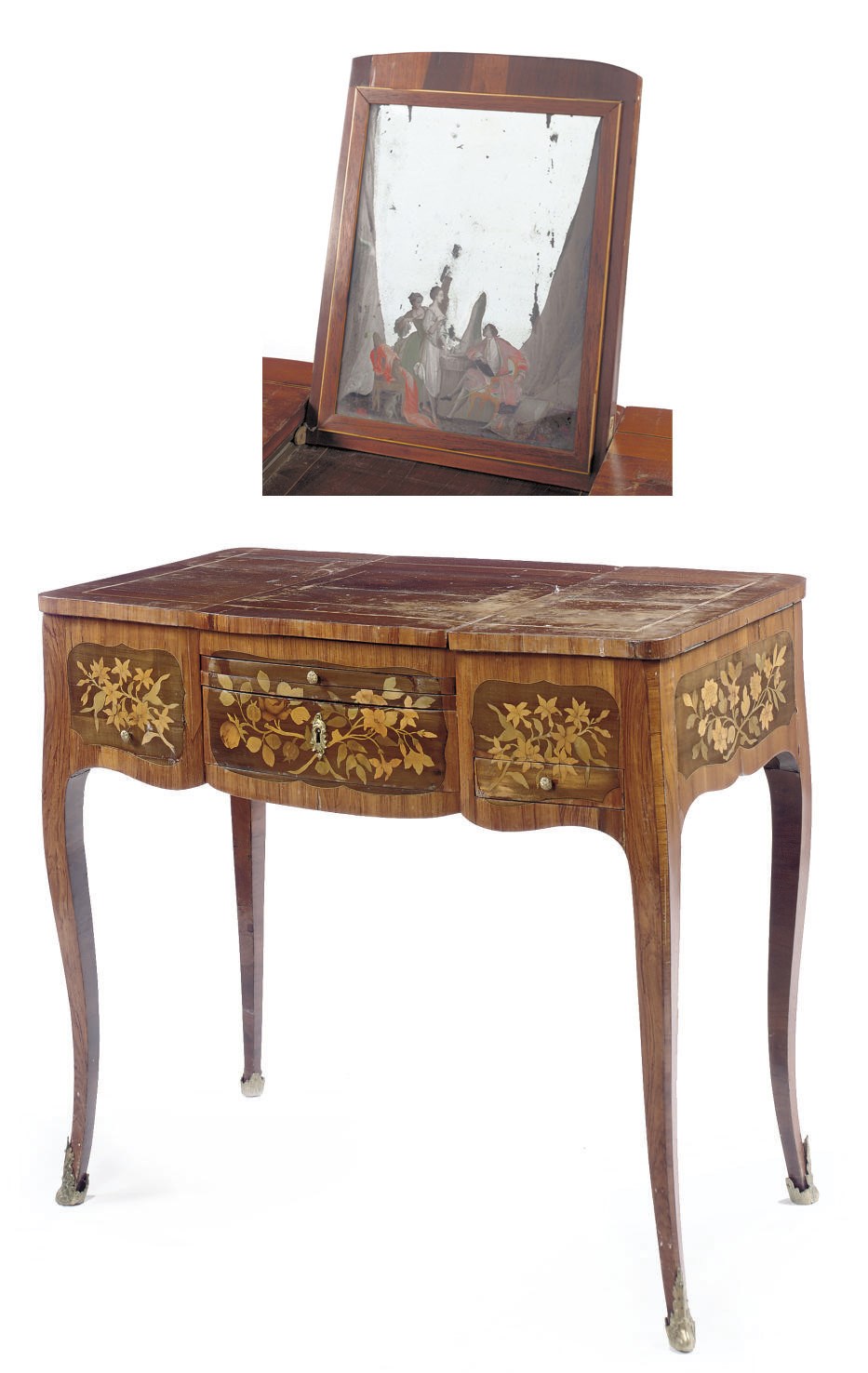 A LOUIS XV MAHOGANY, AMARANTH, TULIPWOOD AND FRUITWOOD MARQUETRY POUDREUSE