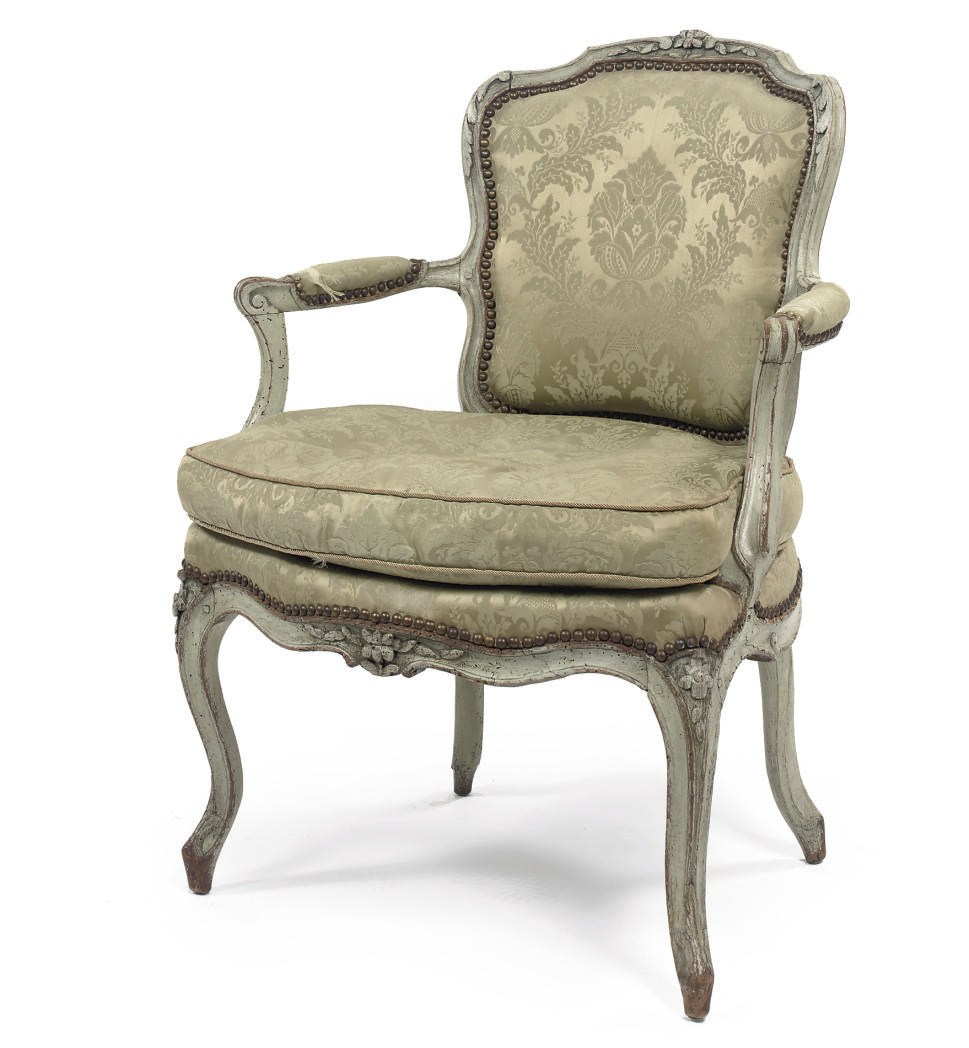 A LOUIS XV GREY PAINTED FAUTEUIL