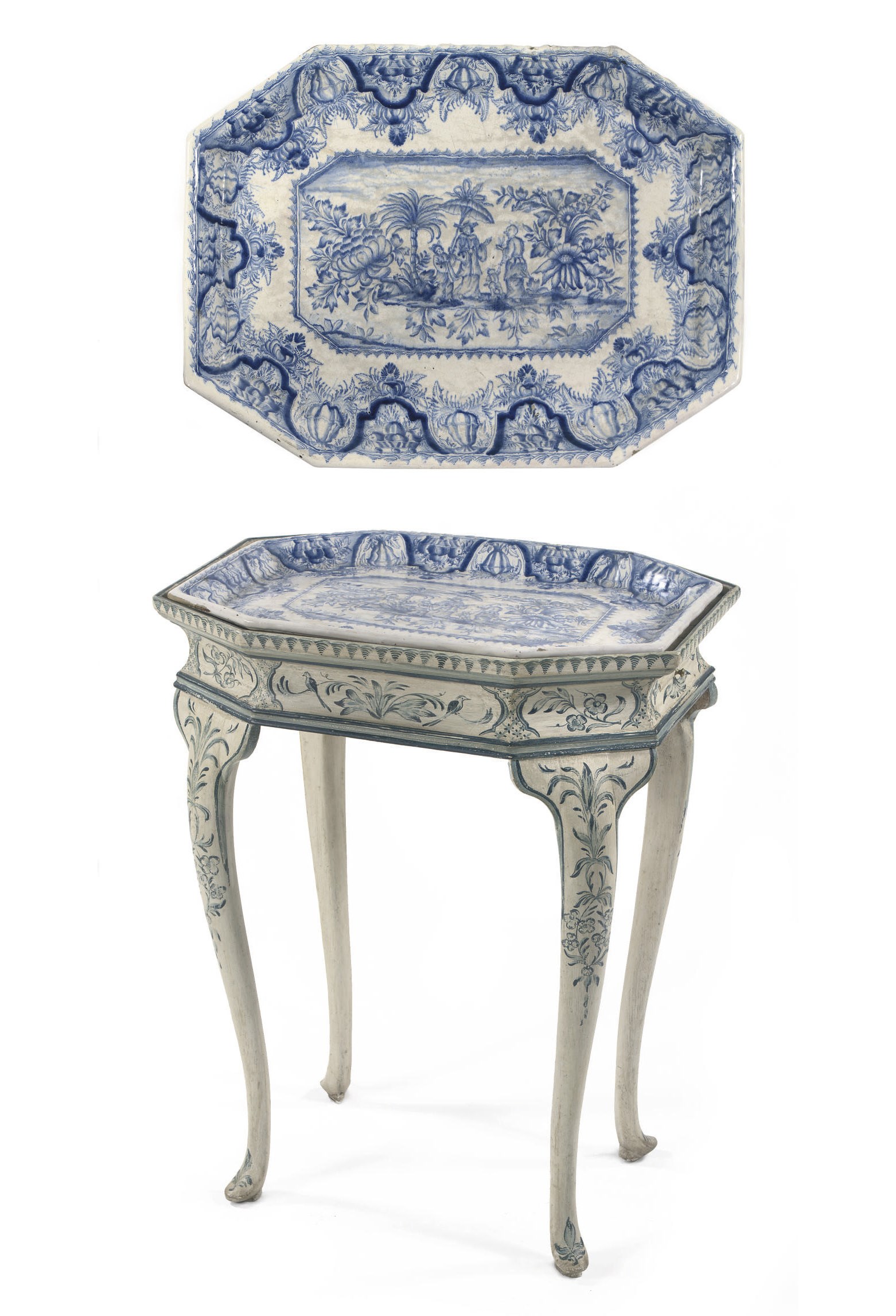 A DANISH BLUE AND WHITE PAINTED OCTAGONAL FAIENCE CENTRE TABLE
