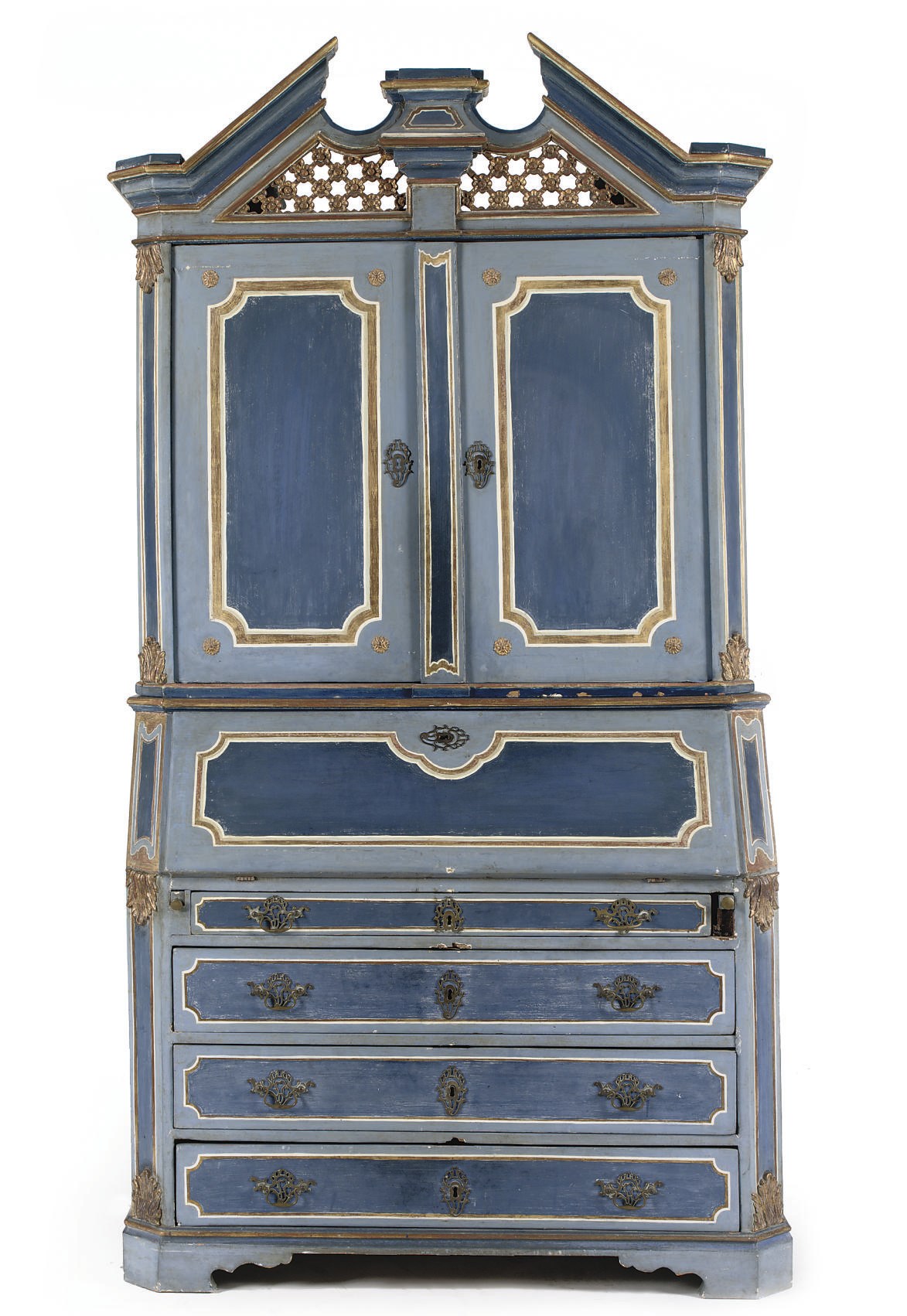 A NORTH GERMAN PARCEL-GILT WHITE AND BLUE DECORATED BUREAU CABINET