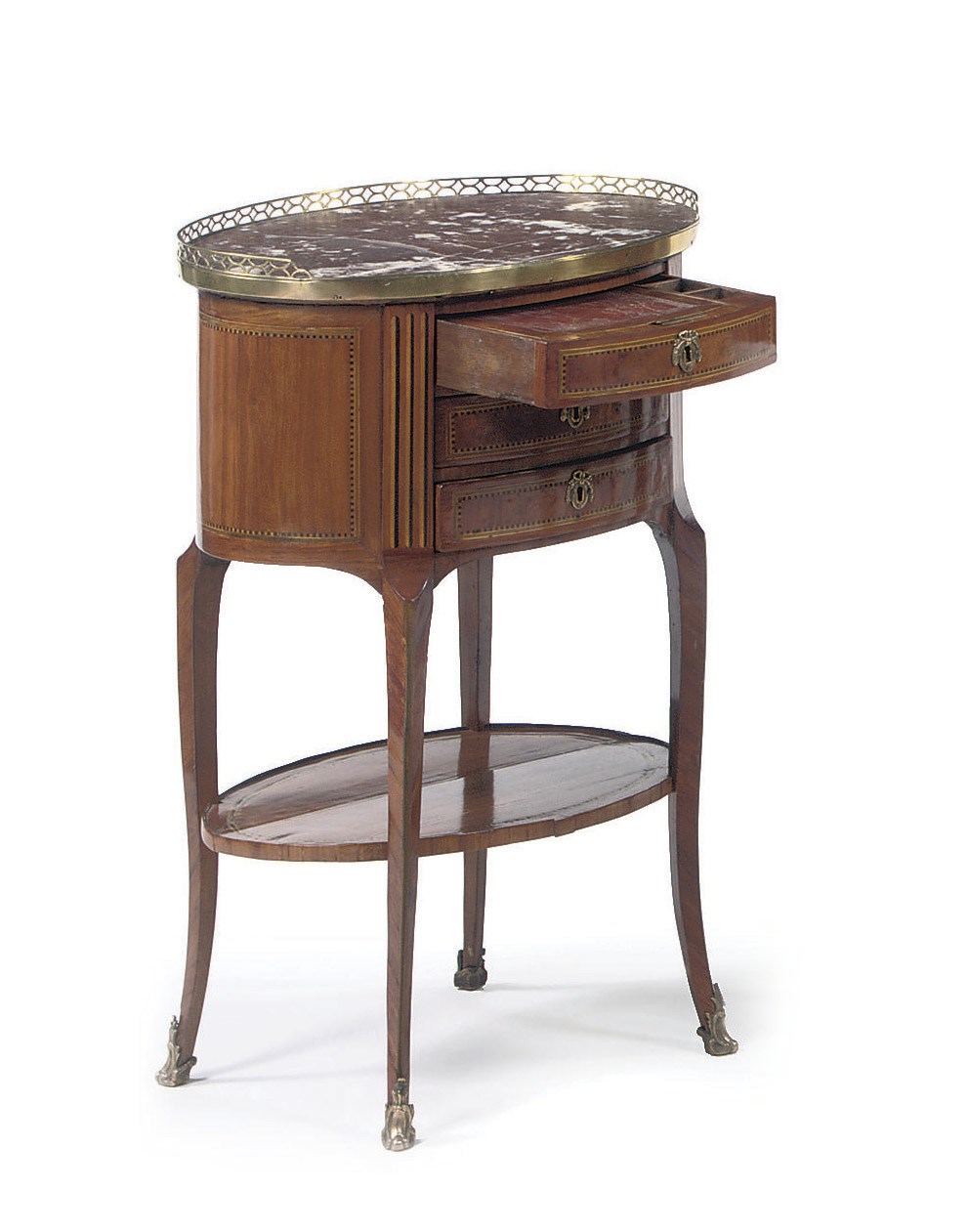 A LOUIS XVI WALNUT, FIGURED WALNUT, FRUITWOOD, EBONIZED AND GREEN STAINED MARQUETRY TABLE EN CHIFFONNIERE
