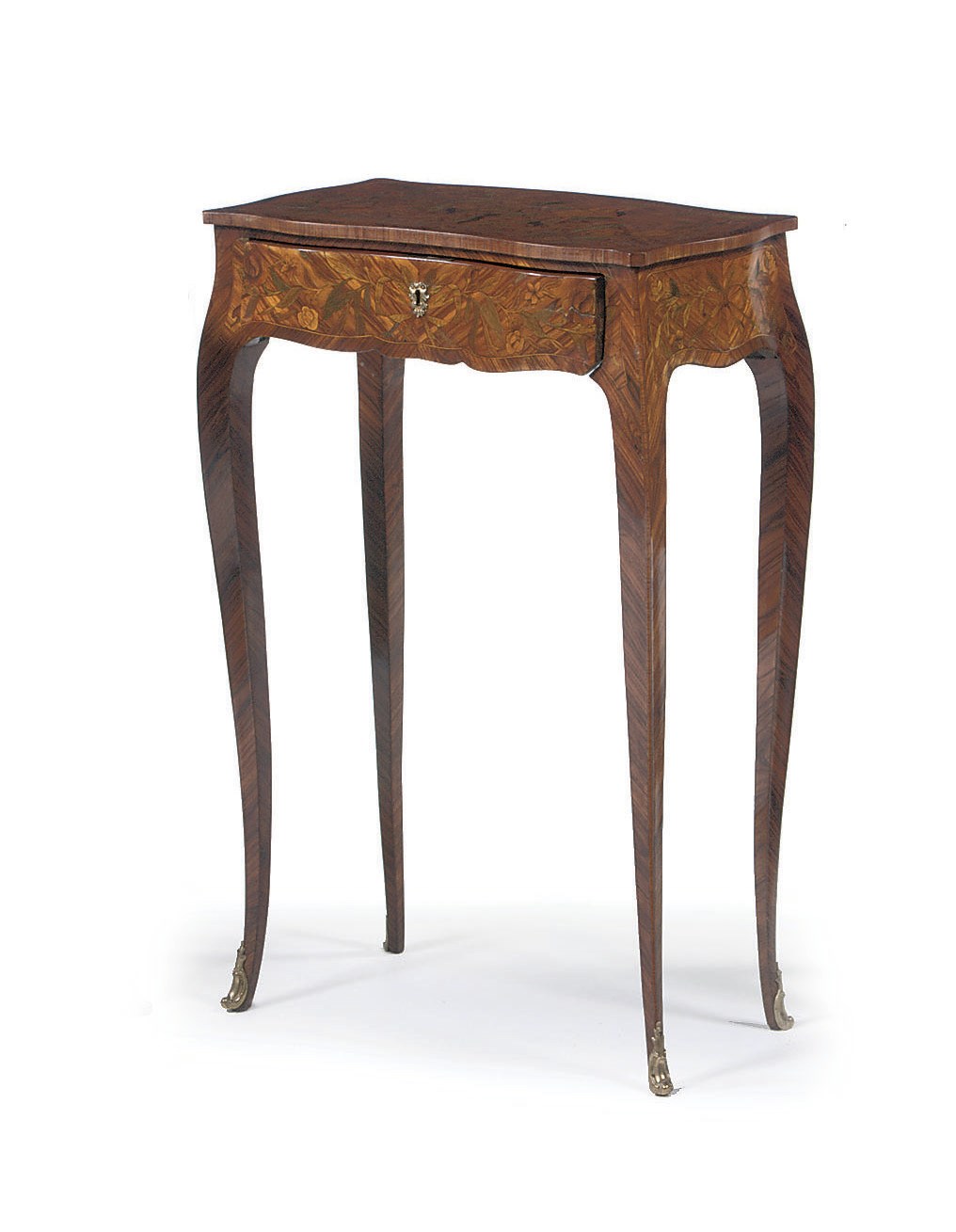 A LOUIS XV TULIPWOOD, FRUITWOOD AND GREEN STAINED MARQUETRY OCCASIONAL TABLE