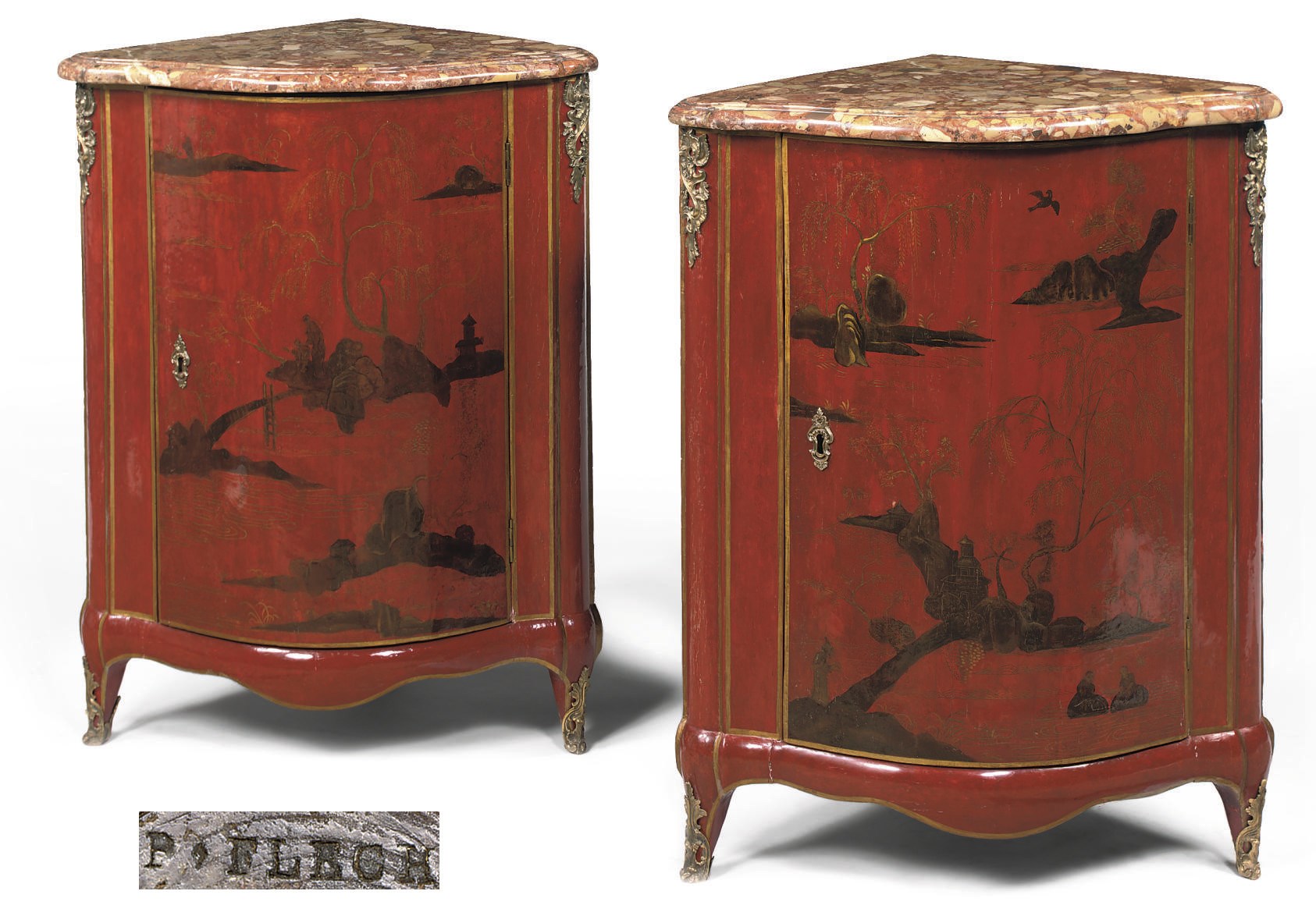 A PAIR OF LOUIS XVI ORMOLU-MOUNTED GILT AND RED LAQUERED ENCOIGNURES