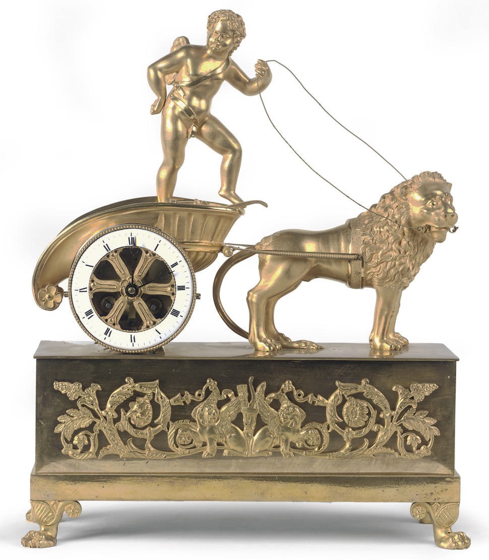A RESTAURATION ORMOLU FIGURAL STRIKING MANTEL CLOCK 'PENDULE AU CHAR'