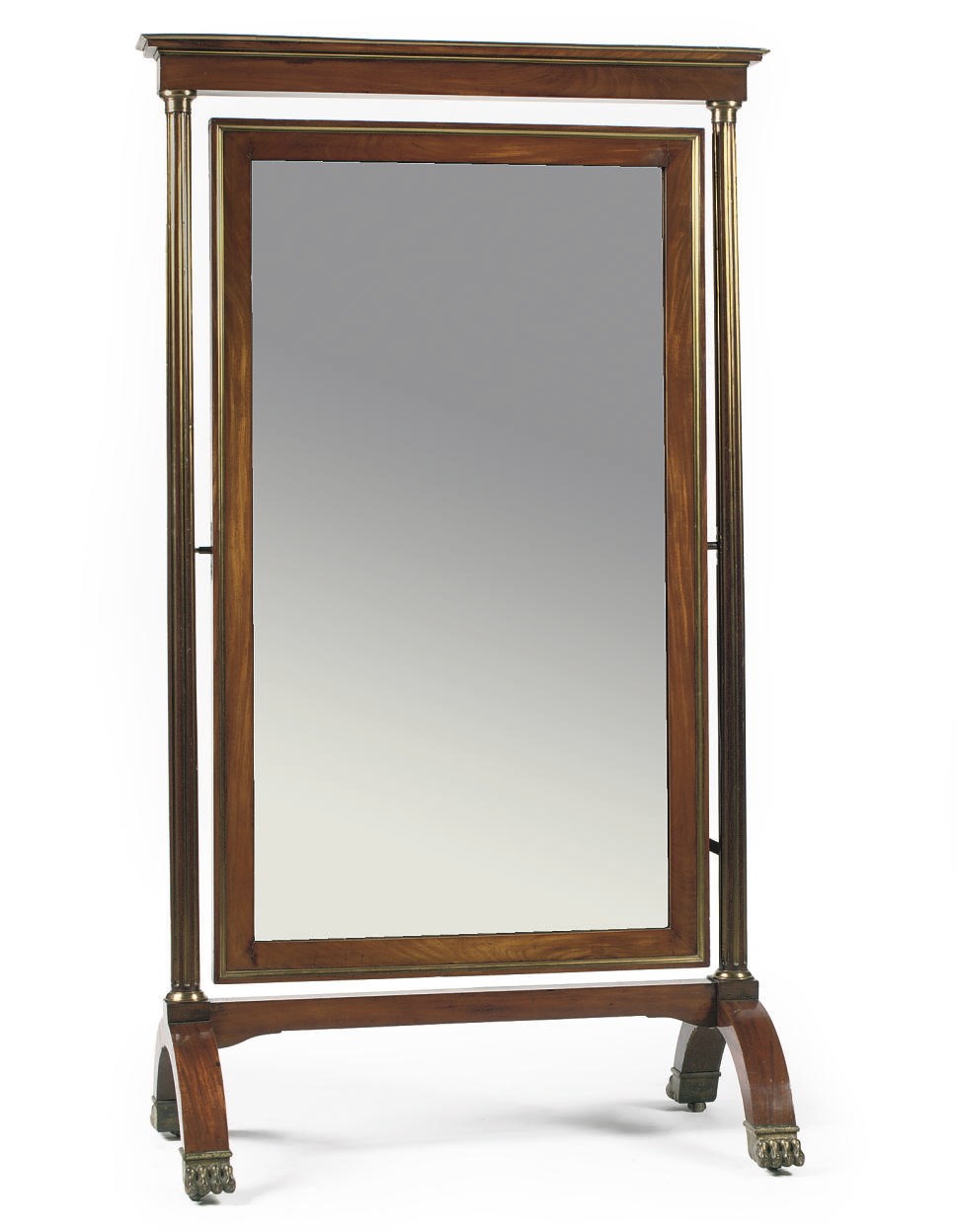 A NORTH EUROPEAN GILT-METAL, BRASS INLAID, GILTWOOD AND MAHOGANY CHEVAL MIRROR