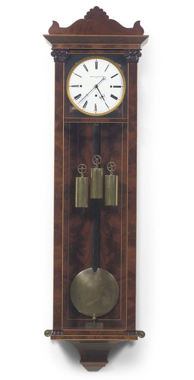 AN AUSTRIAN BIEDERMEIER MAHOGANY AND FRUITWOOD LINE INLAID GRANDE SONNERIE WALL REGULATOR