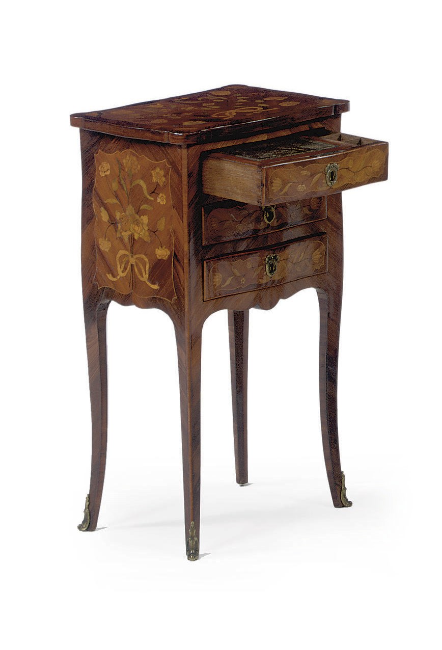A LATE LOUIS XV KINGWOOD, FRUITWOOD AND GREEN-STAINED MARQUETRY TABLE EN CHIFFONNIERE