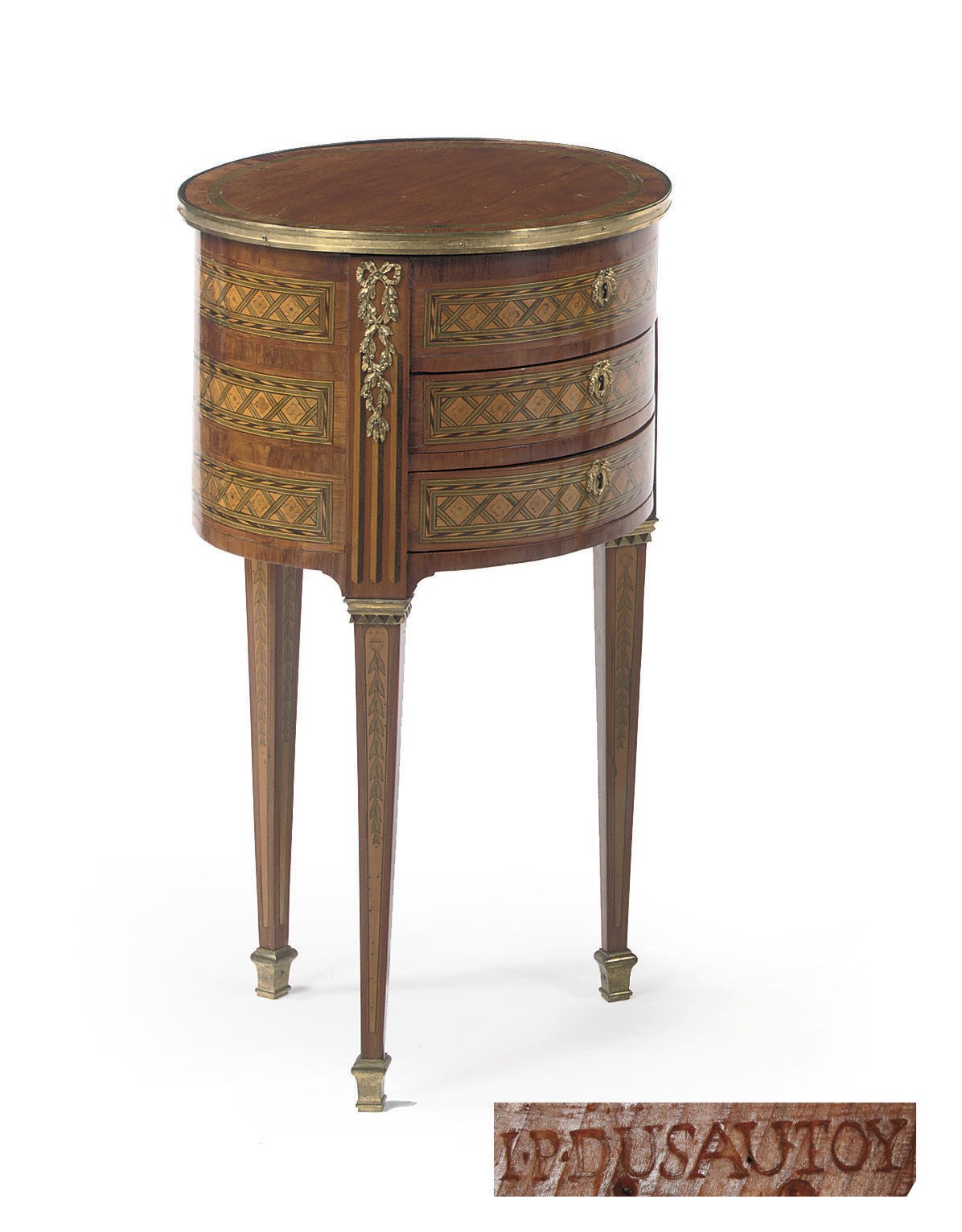 A LOUIS XVI ORMOLU-MOUNTED WALNUT, FRUITWOOD AND GREEN-PAINTED MARQUETRY WORKTABLE