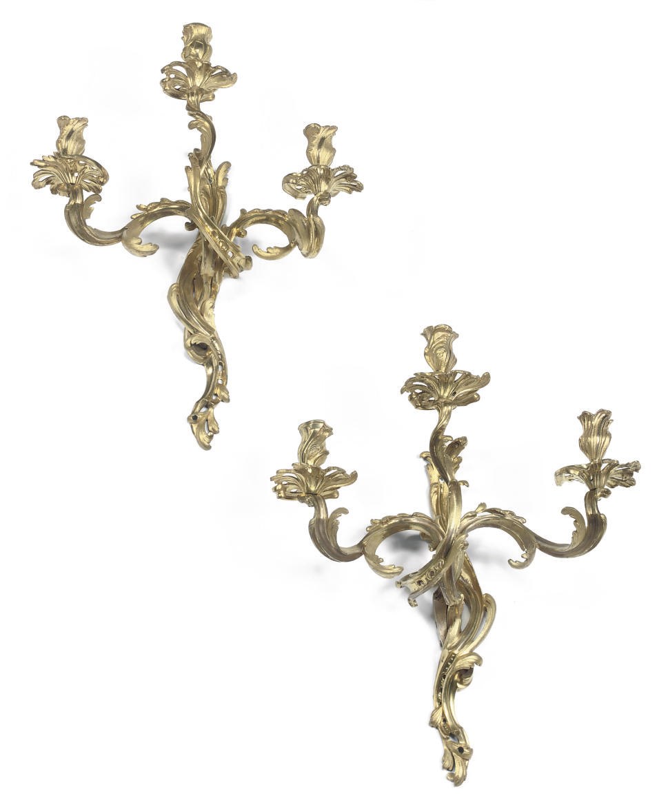 A PAIR OF FRENCH ORMOLU THREE LIGHT WALL APPLIQUES