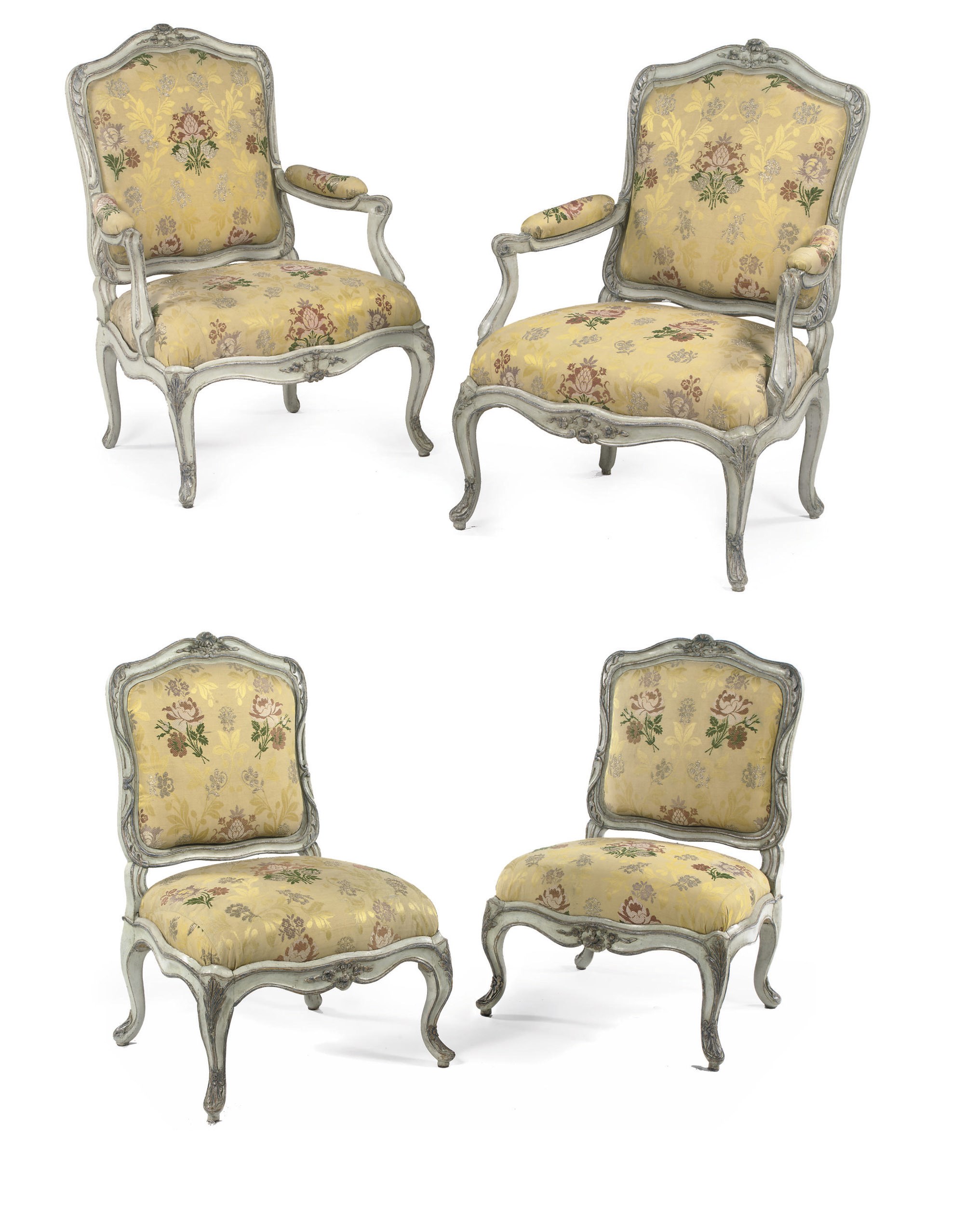 A SUITE OF FRENCH BLUE AND WHITE DECORATED SEAT FURNITURE
