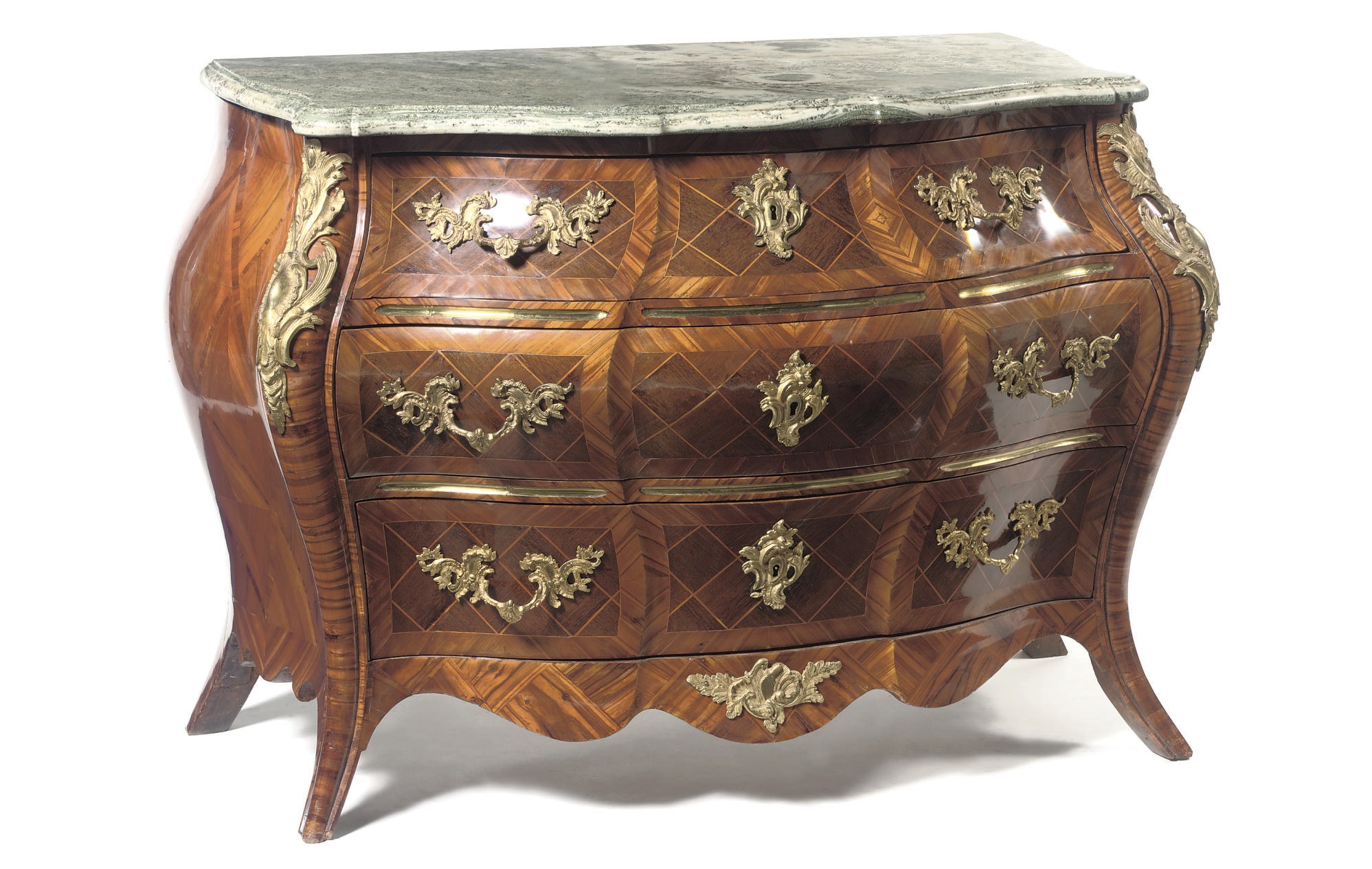 A SWEDISH ORMOLU-MOUNTED, AMARANTH, ELM AND FRUITWOOD PARQUETRY BOMBE COMMODE