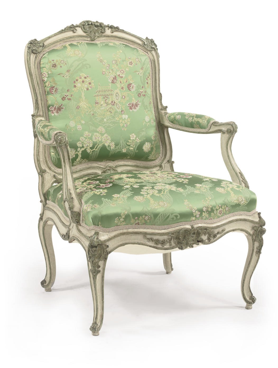 A LOUIS XV WHITE AND GREEN DECORATED FAUTEUIL