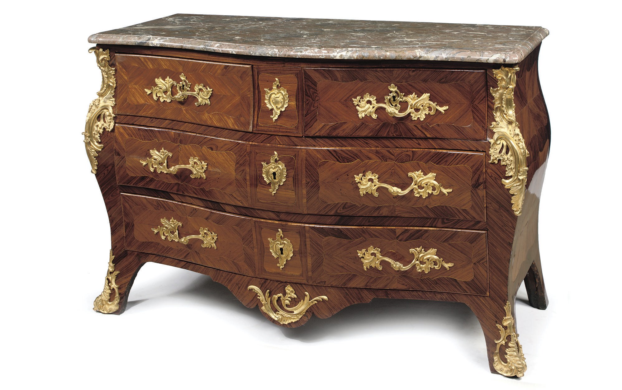 A LOUIS XV ORMOLU-MOUNTED KINGWOOD AND TULIPWOOD BOMBE COMMODE