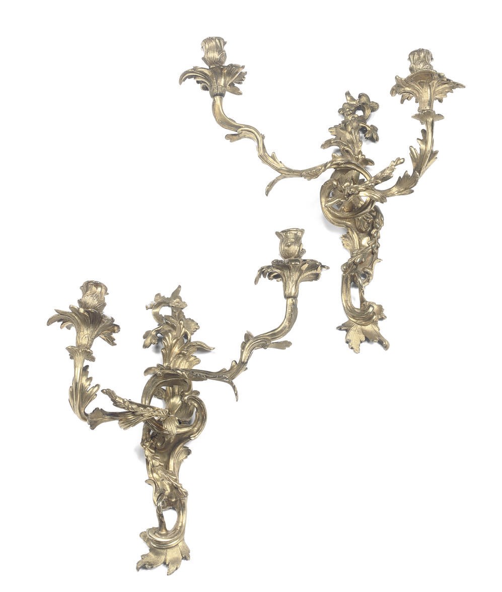 A PAIR OF GERMAN ORMOLU TWO-LIGHT WALL-APPLIQUES