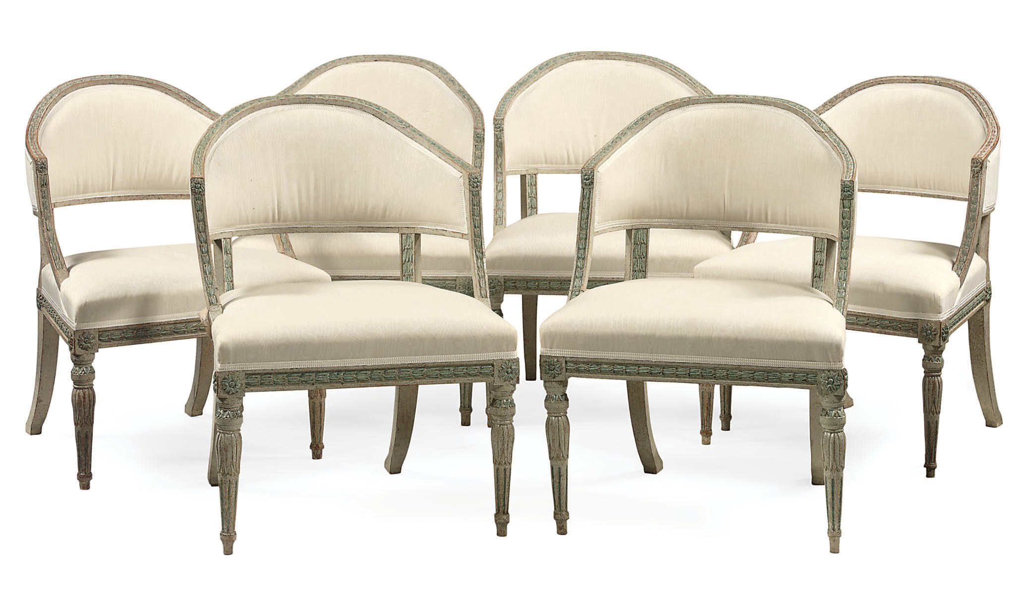 A SET OF SIX SWEDISH BLUE AND GREY PAINTED ARMCHAIRS