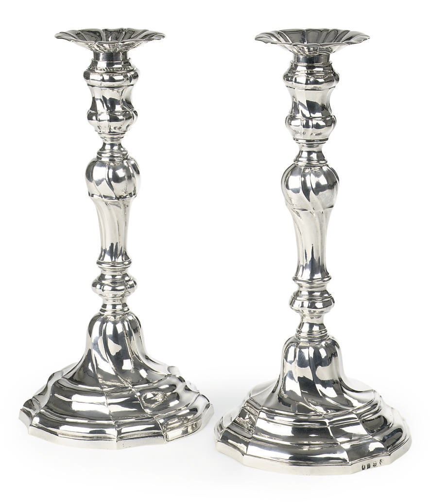 A pair of Belgian silver candlesticks
