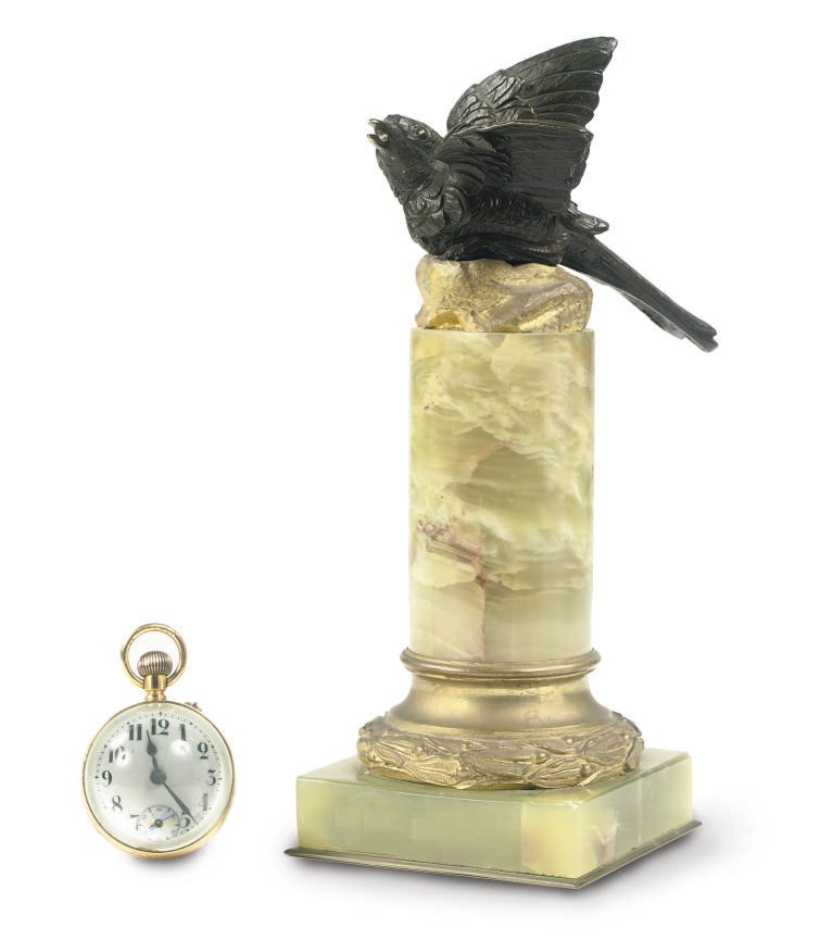 A FRENCH ONYX, BRONZE AND ORMOLU-MOUNTED WATCH HOLDER