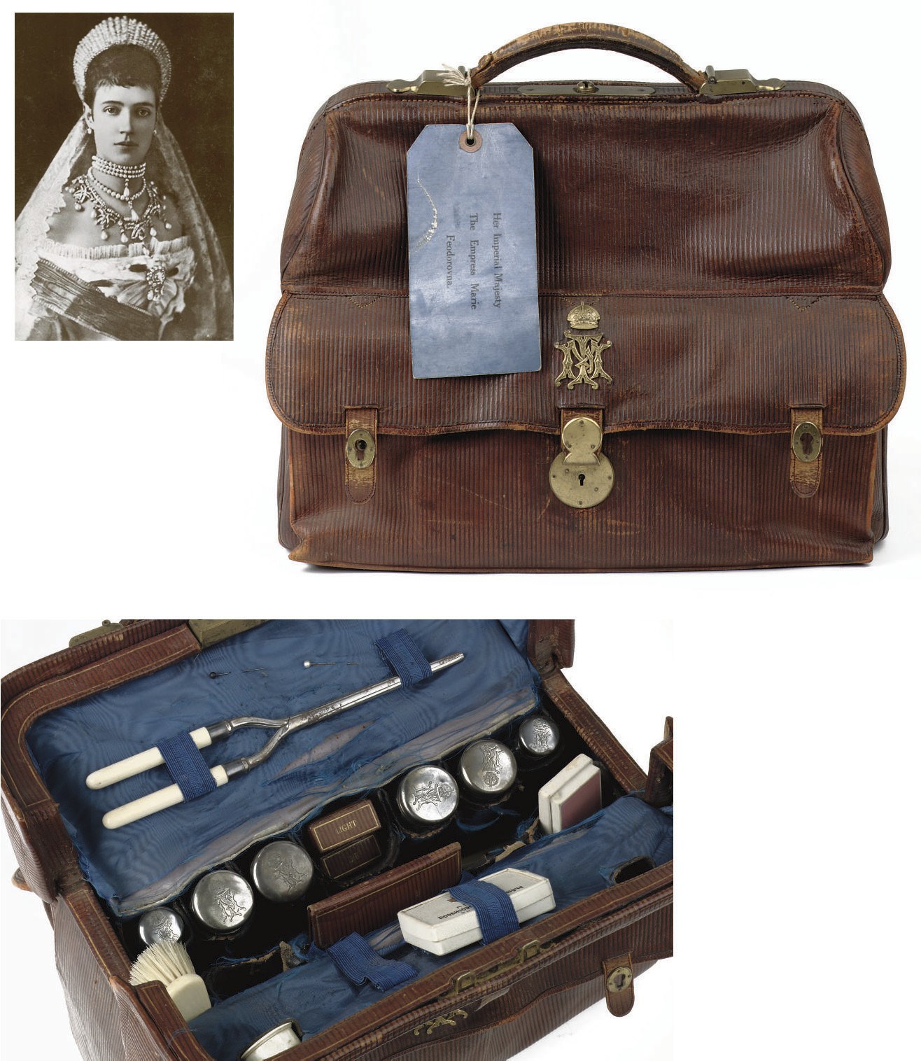 A leather travelling bag belonging to Dowager Empress Maria Feodorovna