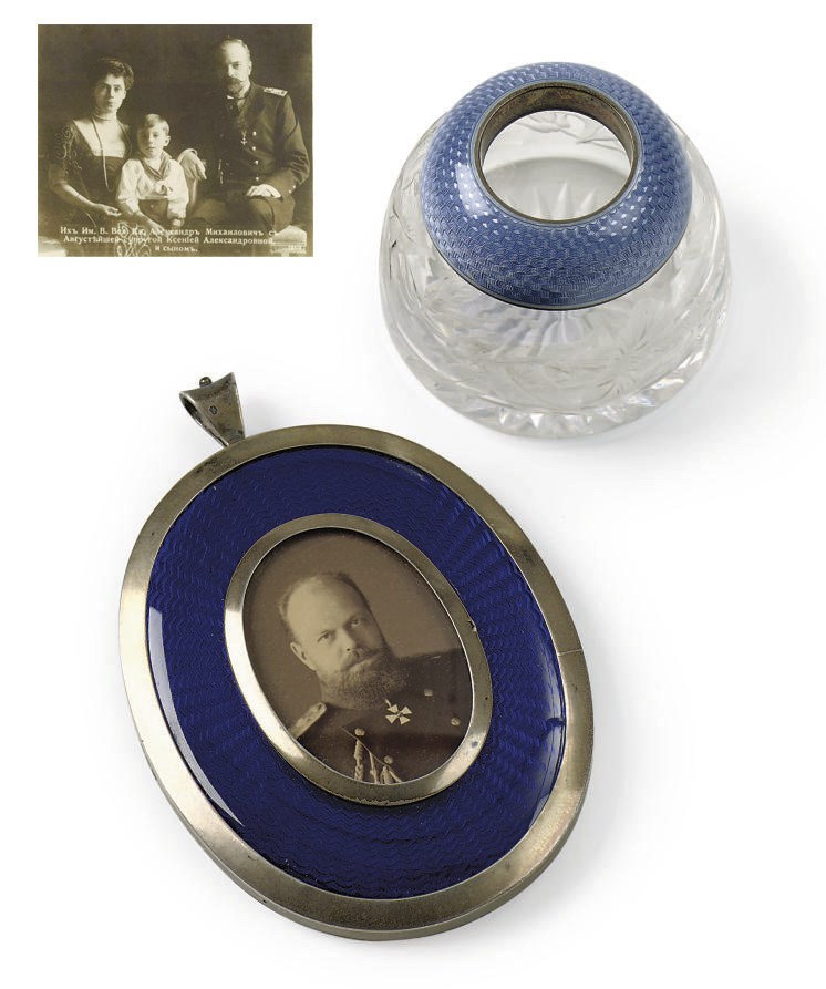 A silver and Guilloché enamel cut-glass inkwell and a silver medallion