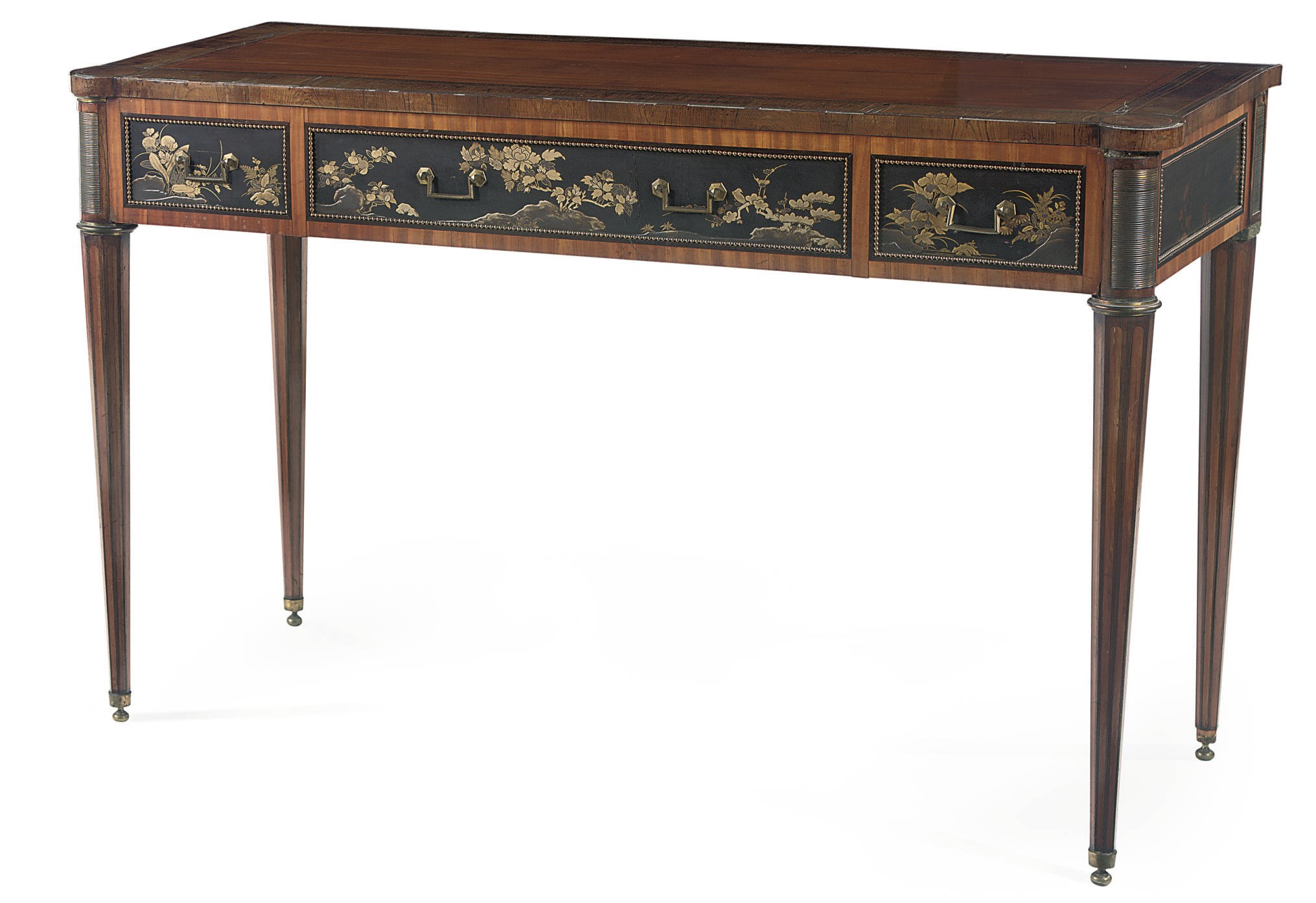 A DUTCH BRASS-BANDED SATINWOOD, ROSEWOOD, BLACK AND GILT-JAPANNED SIDE TABLE