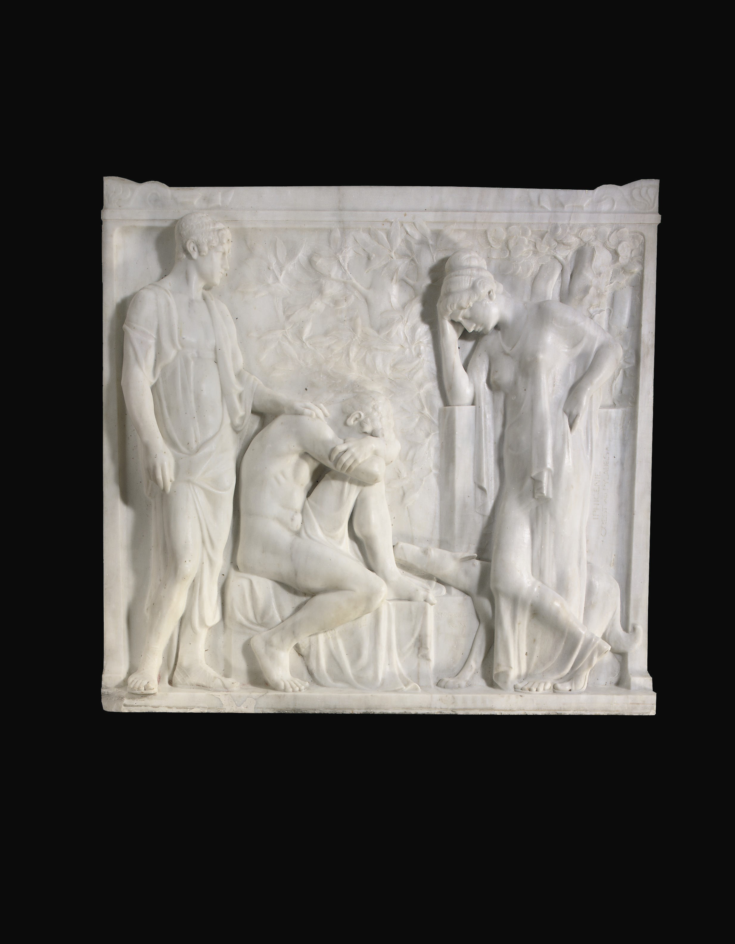 A WHITE CARRARA MARBLE HIGH RELIEF OF IPHIGENIA IN TAURIS