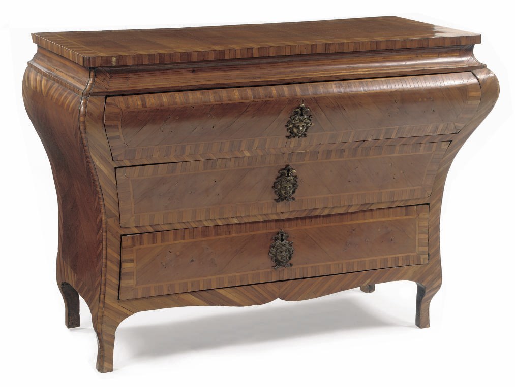 A GERMAN CHERRYWOOD, MAPLE AND TULIPWOOD COMMODE